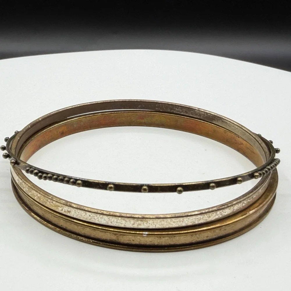 Brass Tone Multi Band Bangle Bracelet Beaded Dot Boho Tribal Statement Jewelry
